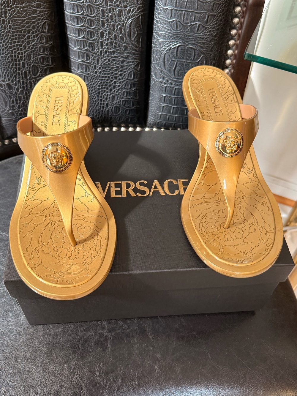 Versace Gold-Tan Medusa Thong Sandals